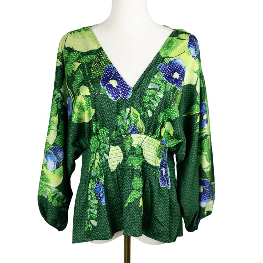 White House Black Market Medium Blouse Plunge Neckline Green Blue